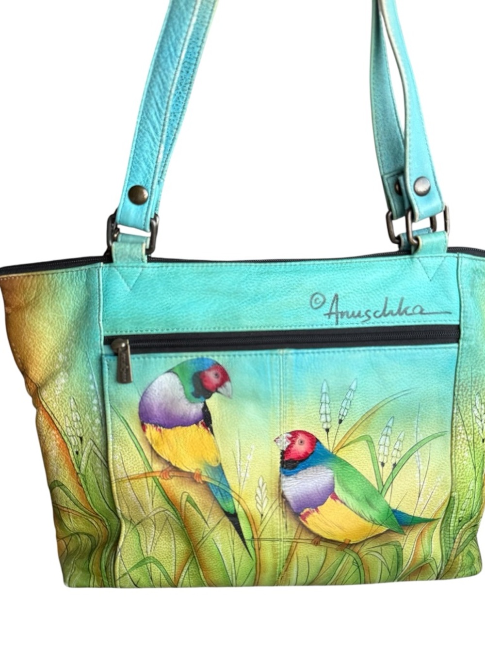 Anuschka genuine leather tote bag featuring beautiful hand-painted bird artwork - Picture 2 of 11